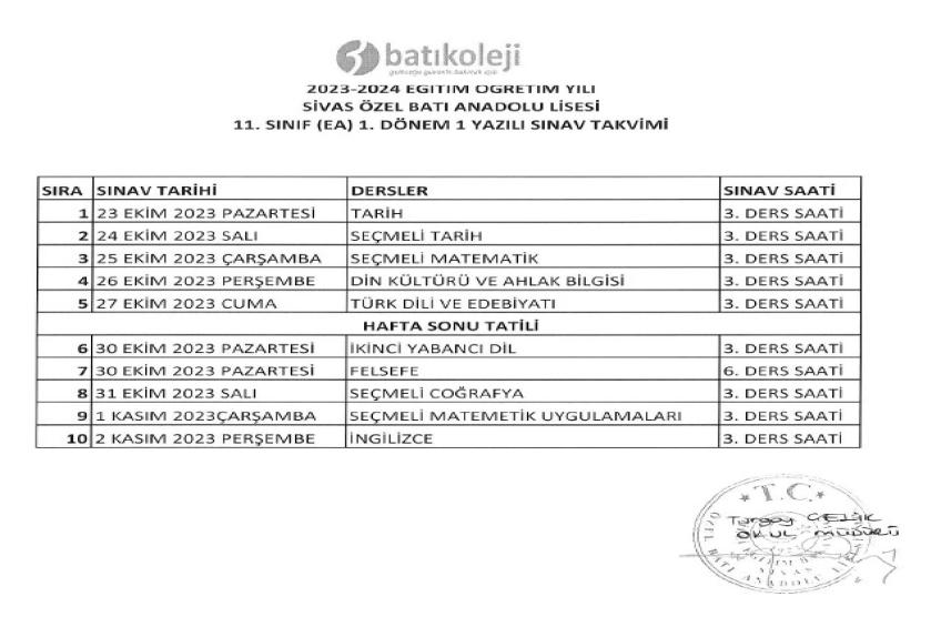 2023-2024 1. DÖNEM 1. YAZILI TARİHLERİ